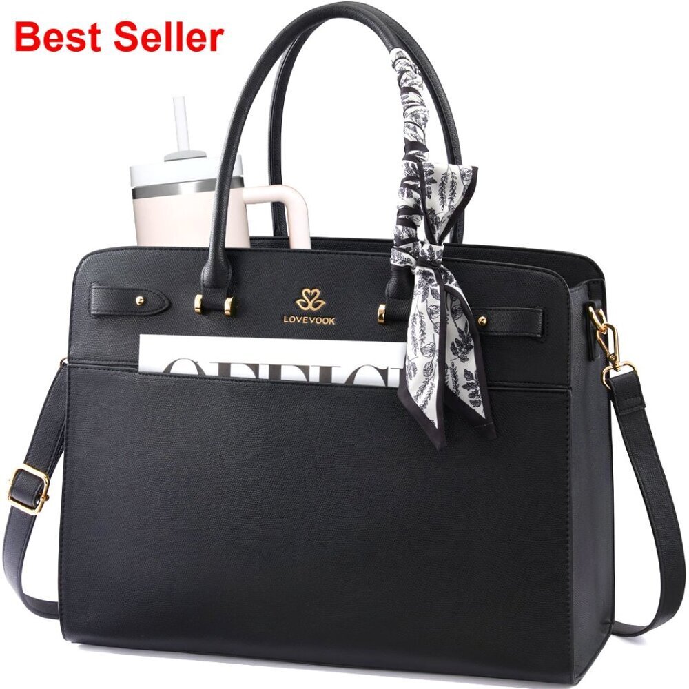 15.6 Inch Laptop Tote Bag with Padded Compartment, Silk Scarf, Waterproof PU